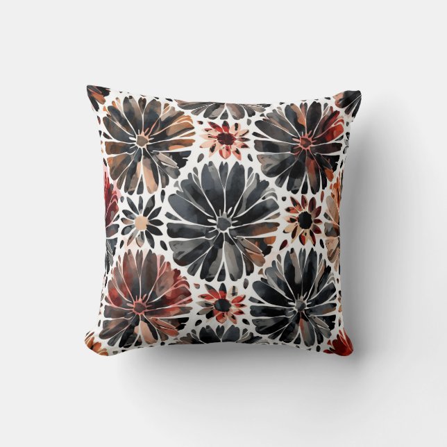Watercolor Chrysanthemums Dark Floral Cushion (Front)