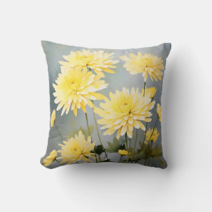 Watercolor Chrysanthemums On Light Yellow Meadow Cushion
