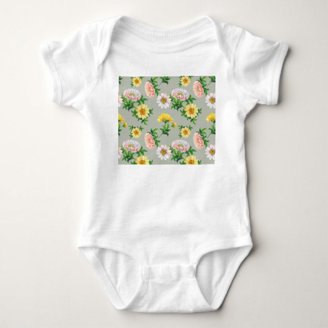 Watercolor chrysanthemums, seamless floral pattern baby bodysuit (Front)