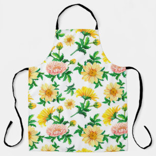 Watercolor chrysanthemums. Yellow flowers with gre Apron