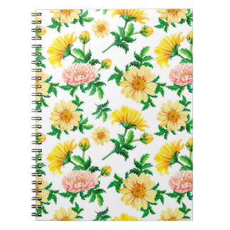 Watercolor chrysanthemums. Yellow flowers with gre Notebook