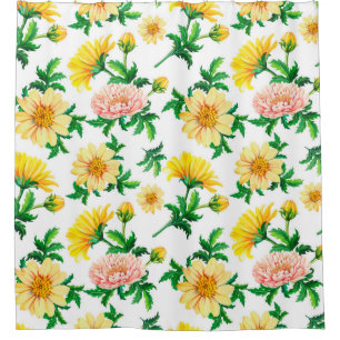 Watercolor chrysanthemums. Yellow flowers with gre Shower Curtain