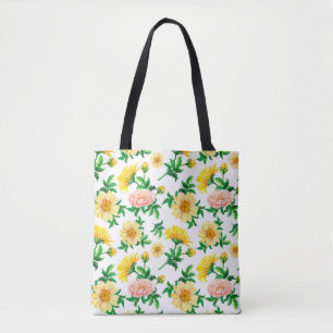 Watercolor chrysanthemums. Yellow flowers with gre Tote Bag