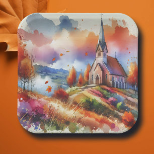 Watercolor Church on a Fall Day Paper Plate