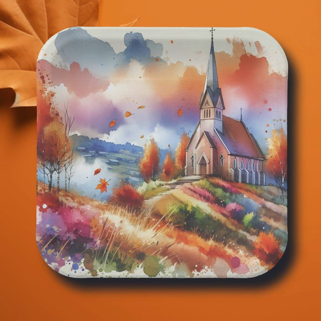 Watercolor Church on a Fall Day Paper Plate (Creator Uploaded)