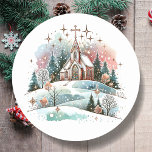 Watercolor Church on a Winter Day Christmas Classic Round Sticker<br><div class="desc">Christmas stickers with a beautiful watercolor church,  snowy grounds and sparkles.</div>