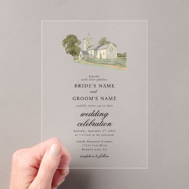 Watercolor Church Traditional Monogram Wedding Acrylic Invitations (Insitu (Handheld))
