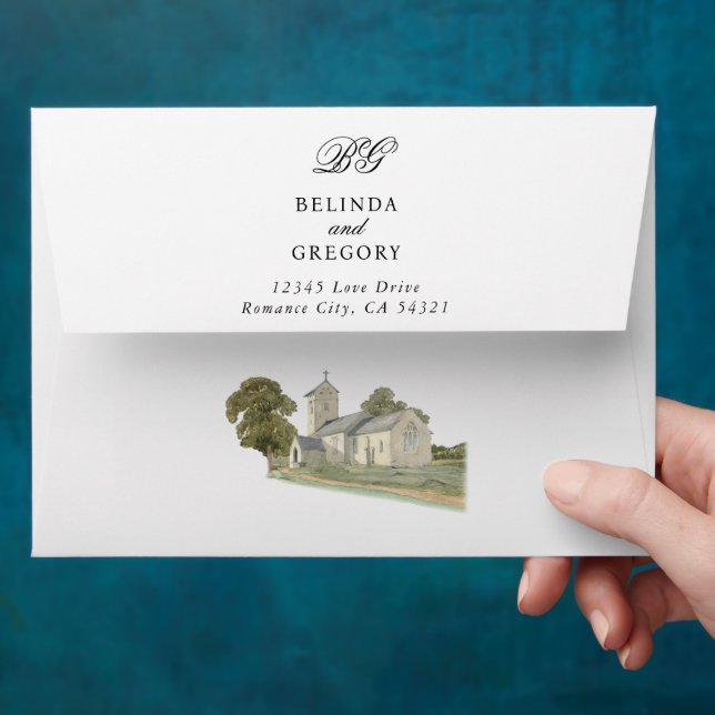 Watercolor Church Traditional Monogram Wedding Envelope (Hand)