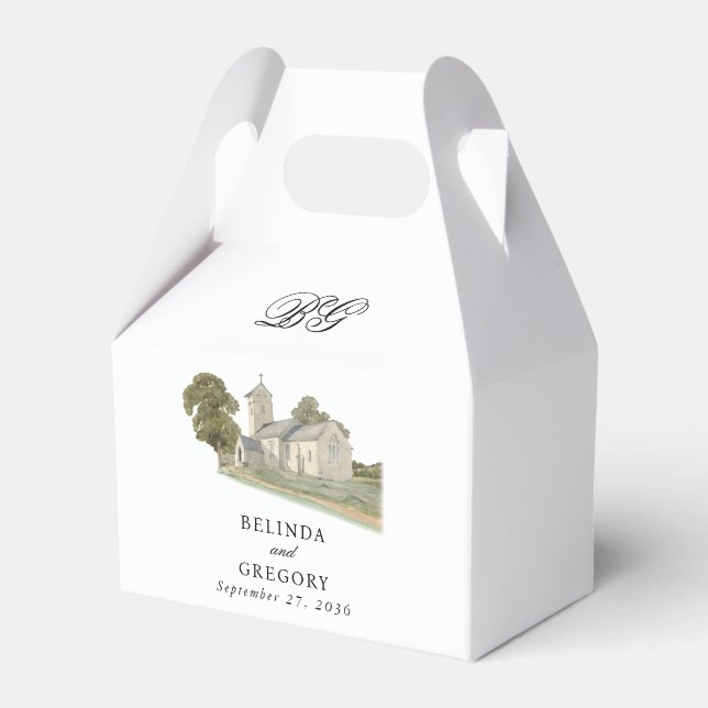 Watercolor Church Traditional Monogram Wedding Favour Box (Front Side)