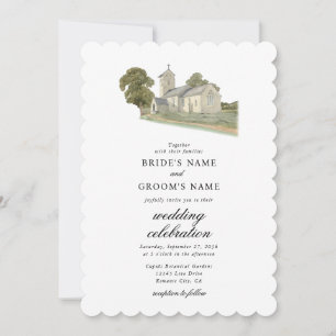 Watercolor Church Traditional Monogram Wedding Invitation