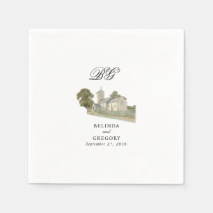 Watercolor Church Traditional Monogram Wedding Napkin