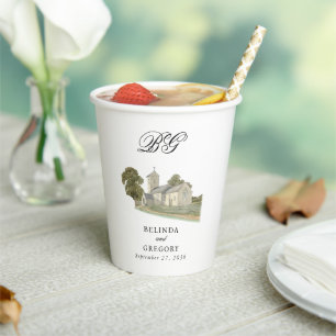 Watercolor Church Traditional Monogram Wedding Paper Cups