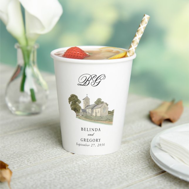 Watercolor Church Traditional Monogram Wedding Paper Cups (Insitu)
