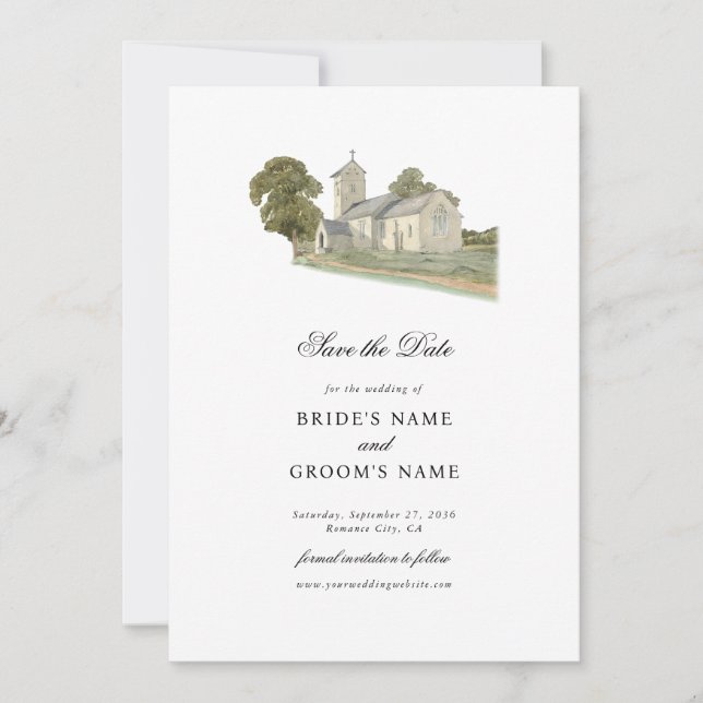Watercolor Church Traditional Monogram Wedding Save The Date (Front)