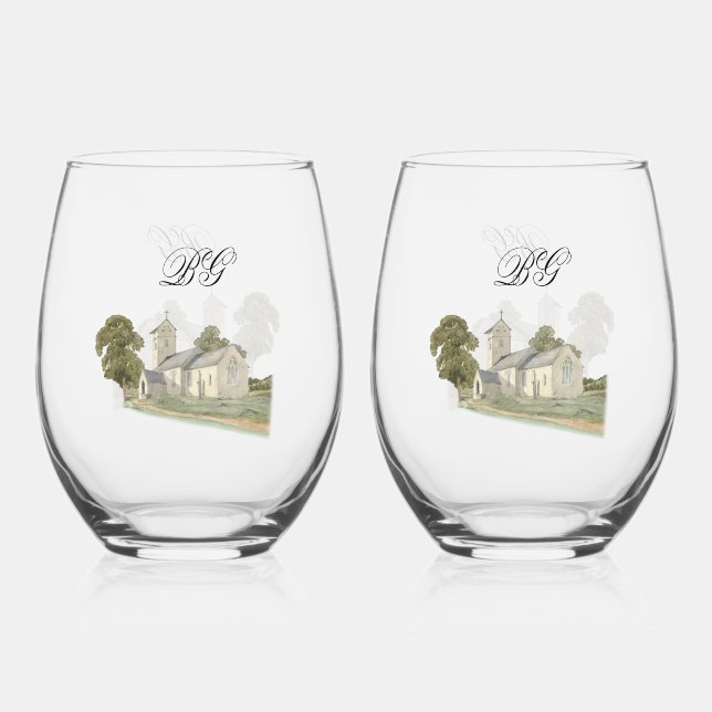 Watercolor Church Traditional Monogram Wedding Stemless Wine Glass (Front)
