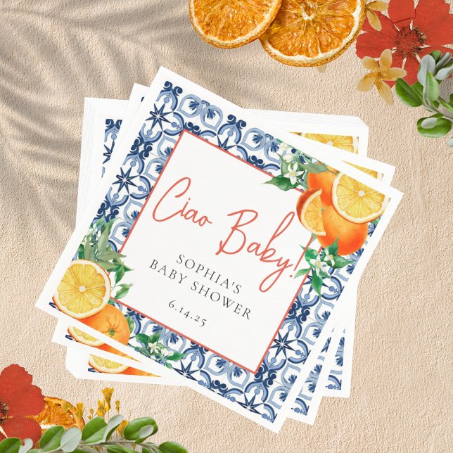 Watercolor Ciao, Baby! Orange Baby Shower Napkin (Creator Uploaded)