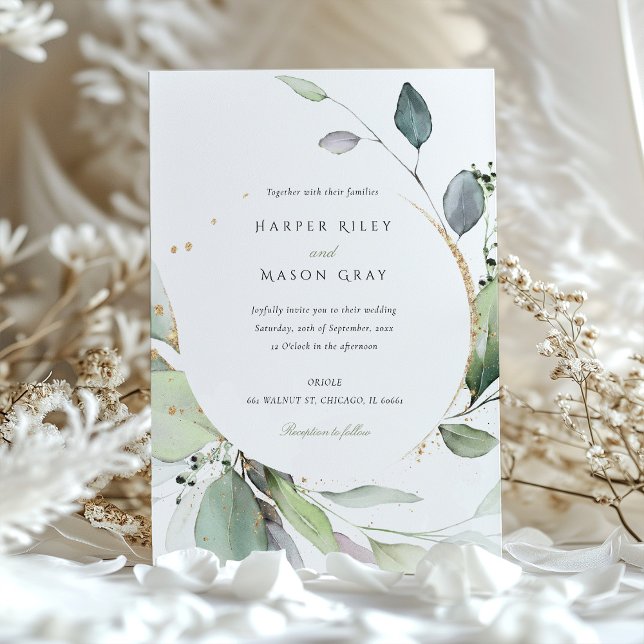 Watercolor Circle Green Gold Foliage Wedding Invitation (Creator Uploaded)