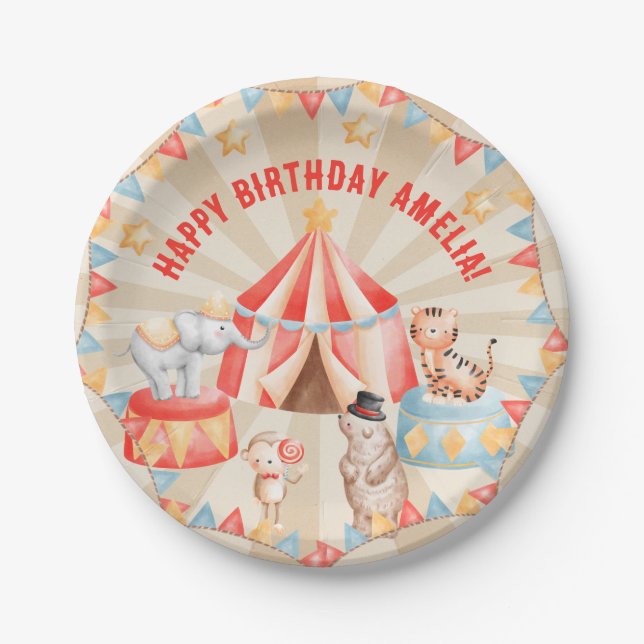 Watercolor Circus Animals Birthday Paper Plate (Front)