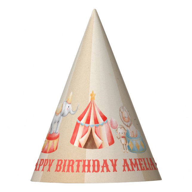 Watercolor Circus Animals Birthday Party Hat (Front)
