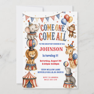 Watercolor Circus Animals Birthday Party Invitation