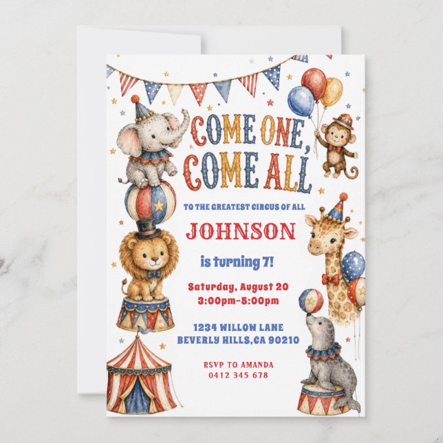 Watercolor Circus Animals Birthday Party Invitation (Front)