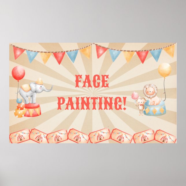 Watercolor Circus Animals Birthday Party Station  Poster (Front)