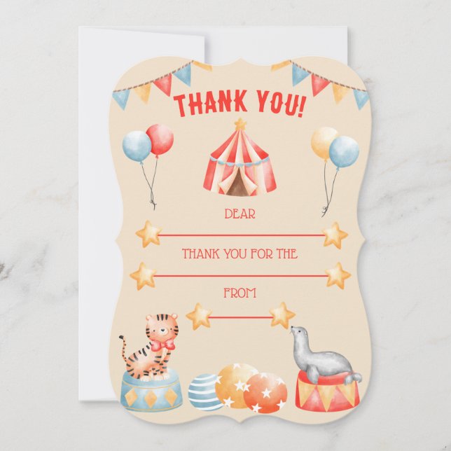 Watercolor Circus Animals Birthday Thank You Card (Front)
