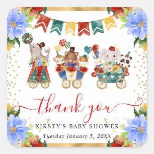 Watercolor Circus Animals Train Floral Baby Shower Square Sticker