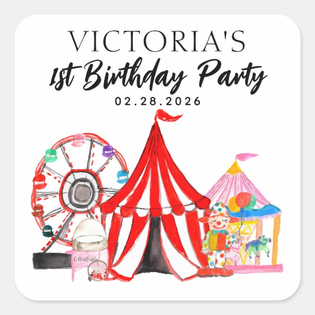 Watercolor Circus Carnival Festival Show Birthday Square Sticker (Front)