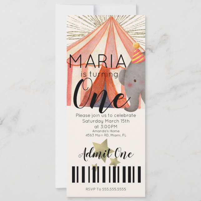 Watercolor Circus First Birthday Ticket Party B Invitation (Front)