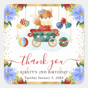 Watercolor Circus Fox Train Floral Birthday Square Sticker