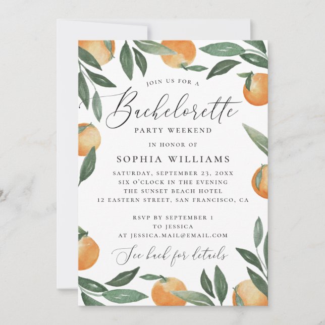 Watercolor citrus bachelorette party weekend invitation (Front)