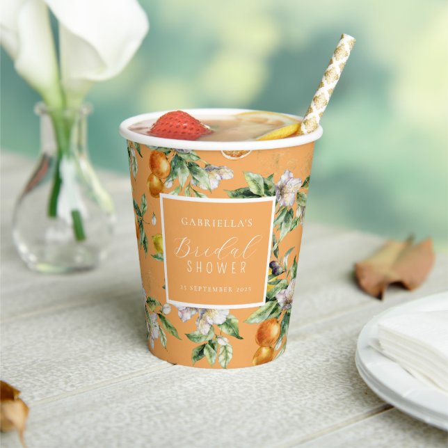 Watercolor Citrus Blossom Botanical Bridal Shower Paper Cups (Insitu)