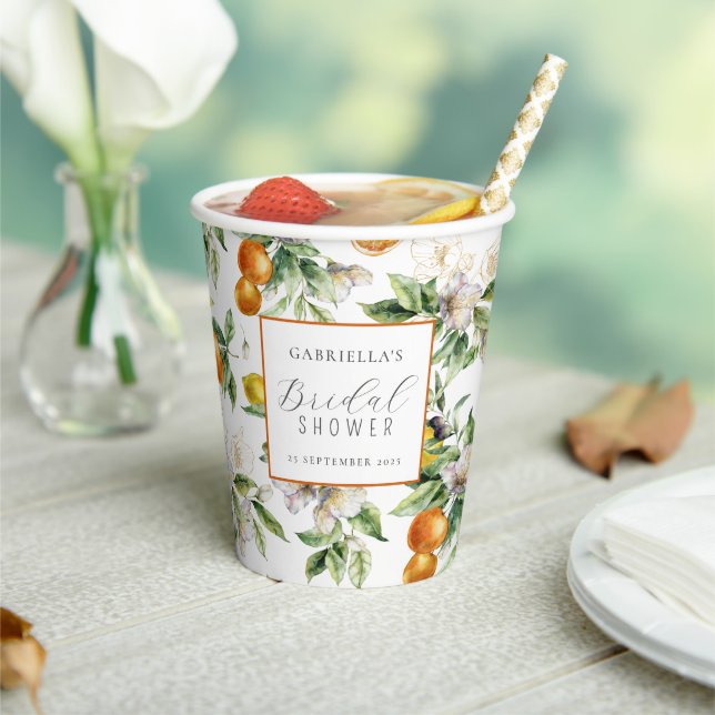 Watercolor Citrus Blossom Botanical Bridal Shower Paper Cups (Insitu)