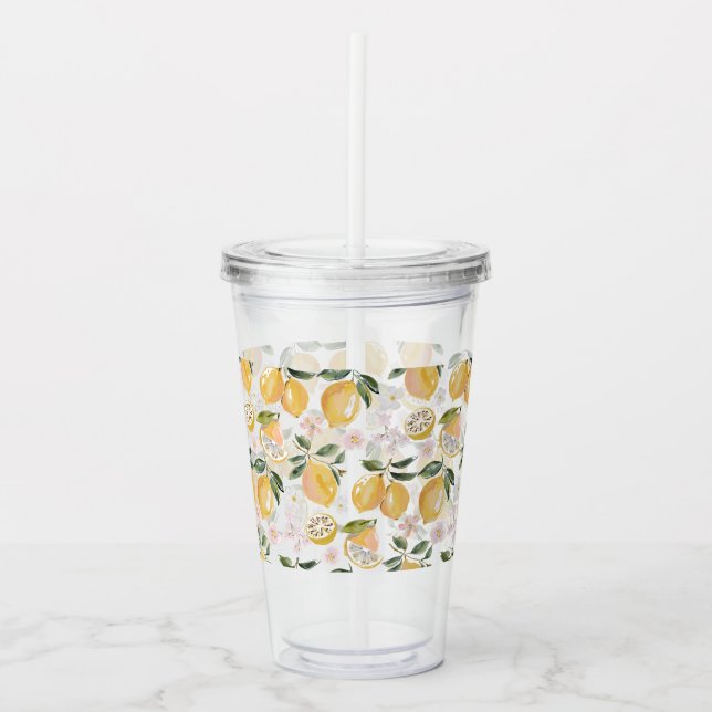 Watercolor Citrus & Blueberry Pattern Acrylic Tumbler (Front)