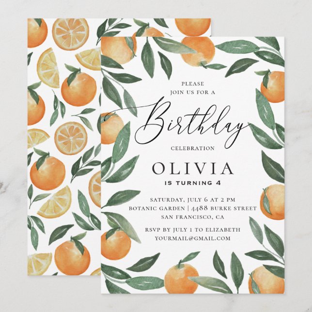 Watercolor citrus floral garden kids birthday invitation (Front/Back)