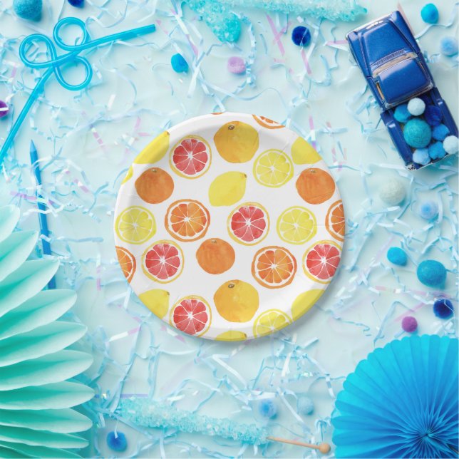 Watercolor Citrus Fruit Pattern Paper Plate (Party)