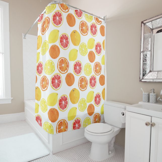 Watercolor Citrus Fruit Pattern Shower Curtain (In Situ)