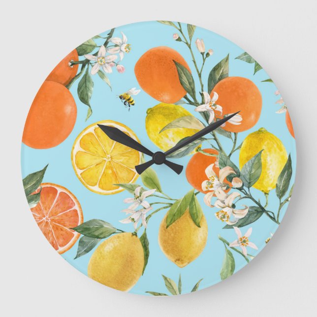 Watercolor Citrus Fruits: Hand Drawn Large Clock (Front)