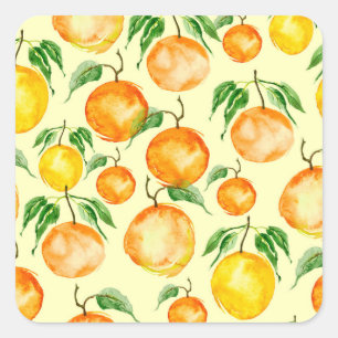 Watercolor citrus fruits, tropical pattern. square sticker