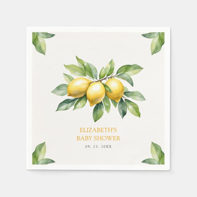 Watercolor Citrus Lemon Baby Shower Napkin (Front)