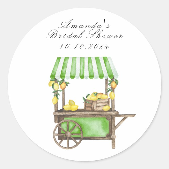 Watercolor Citrus Lemon Cart Bridal Shower Classic Round Sticker (Front)