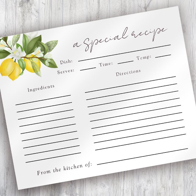 Watercolor Citrus Lemons Bridal Shower Recipe Card (Creator Uploaded)