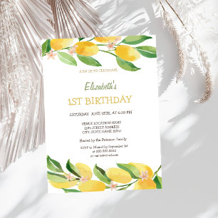 Watercolor Citrus Lemons Flowers Birthday Invitation