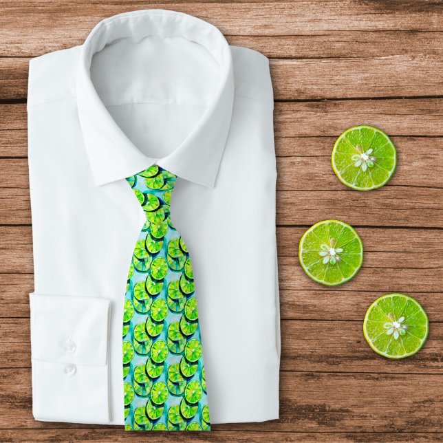 Watercolor Citrus Lime Slices on Blue Background  Tie (Creator Uploaded)