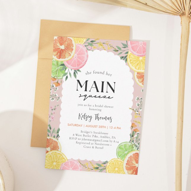 Watercolor Citrus Main Squeeze Bridal Shower Invitation (Creator Uploaded)