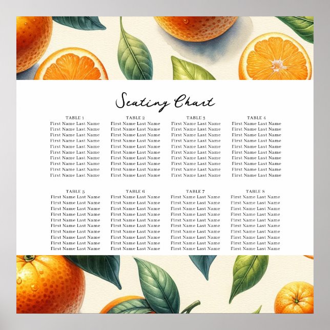 Watercolor Citrus Orange Leaves Seating Chart (Front)