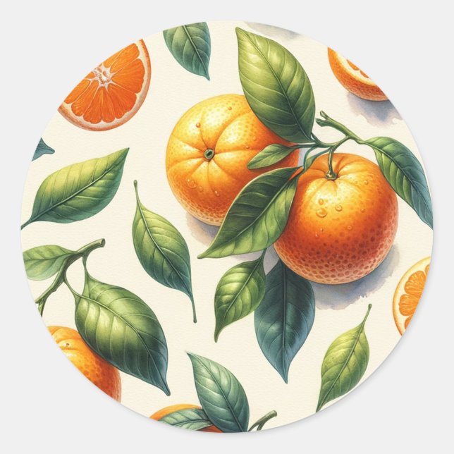 Watercolor Citrus Orange Leaves Wedding Classic Round Sticker (Front)