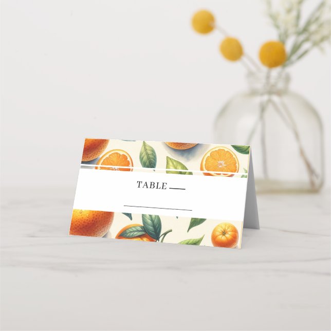 Watercolor Citrus Orange Leaves Wedding  Place Card (Front)