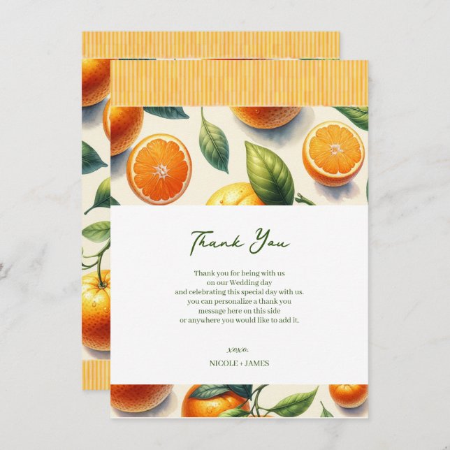 Watercolor Citrus Orange Leaves Wedding Thank You Invitation (Front/Back)